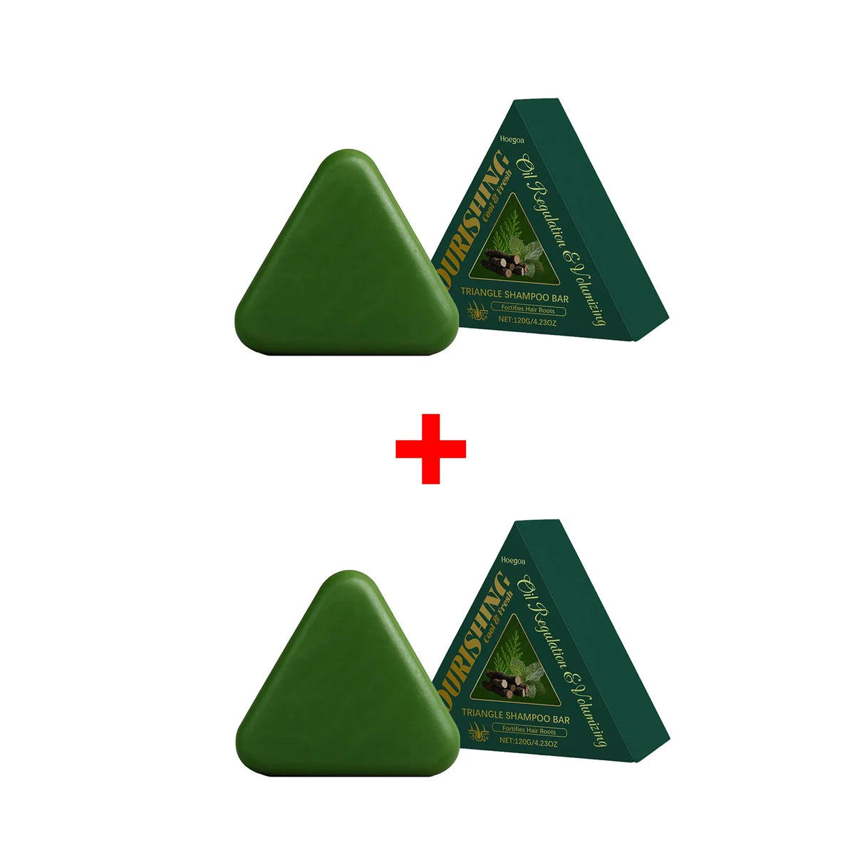 Triangle green hair growth shampoo bar by Silcy Skin with matching green triangular packaging on Tampa Home & Garden Store