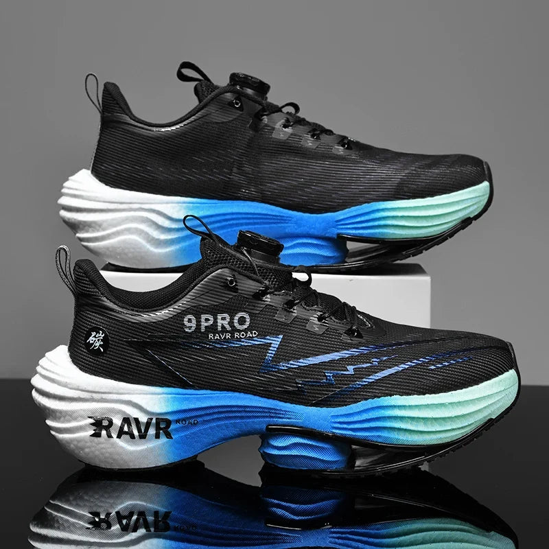 Running shoes pair, black knit uppers with blue-teal gradient cushioned foam sole on Tampa Home & Garden Store