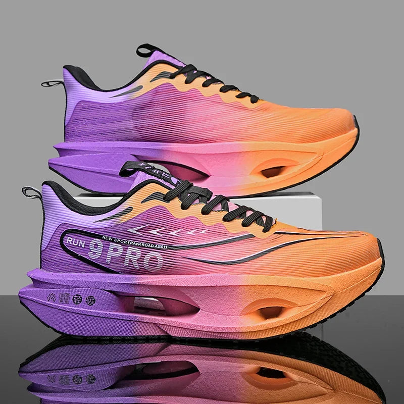 EstaliosFit Running Shoes Cushioned Carbon Board Trainer pair purple orange athletic shoes on Tampa Home & Garden Store