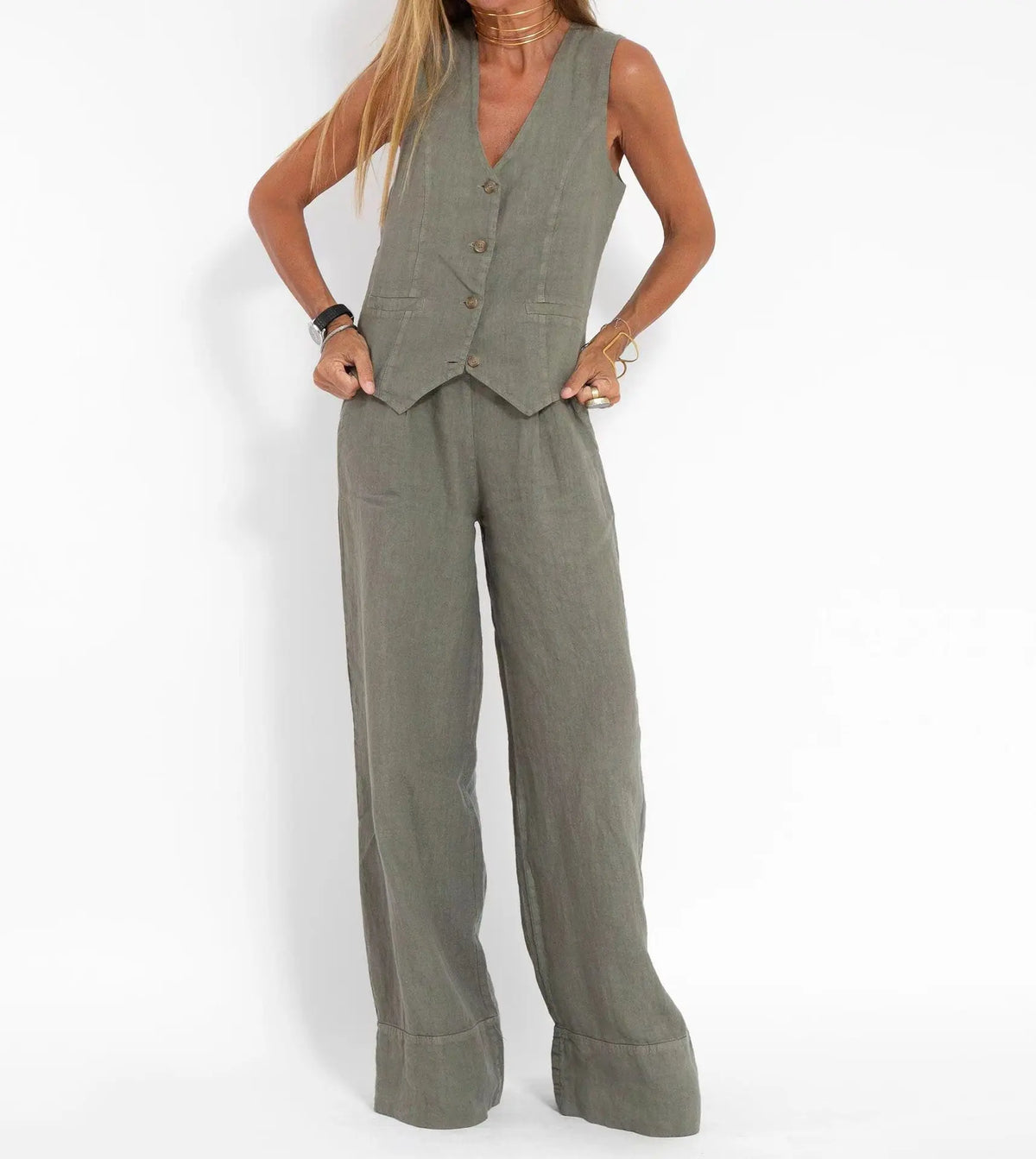 Women's sleeveless vest and pants set olive linen, button-front vest, wide-leg pants on Tampa Home & Garden Store
