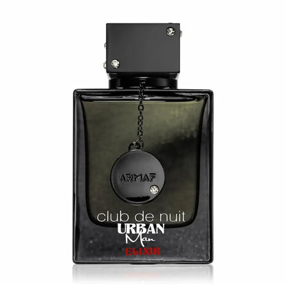 Armaf Club de Nuit Urban Man Elixir EDP bottle with black rectangular body and ARMAF medallion on Tampa Home & Garden Store