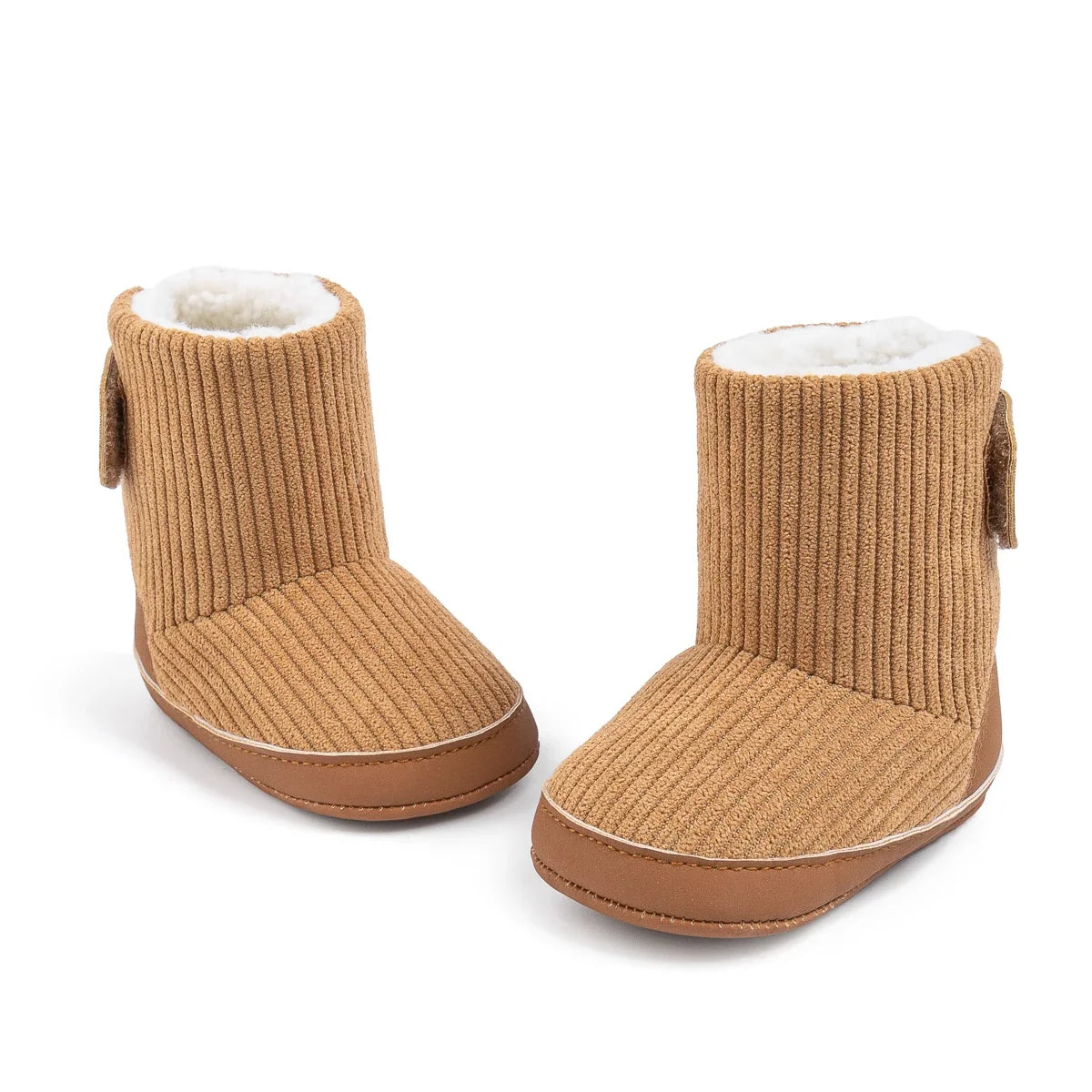Newborn winter boots tan corduroy booties with white fleece lining and rubber sole 2 boots on Tampa Home & Garden Store