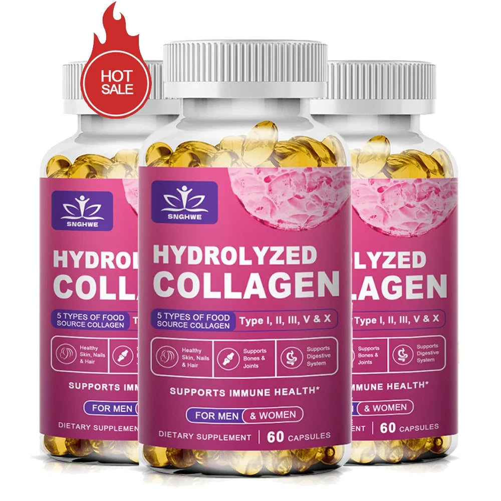Hydrolyzed collagen capsules by Silcy Skin; three pink bottles with yellow capsules, 60 capsules each on Tampa Home & Garden Store