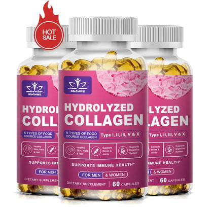 Hydrolyzed collagen capsules by Silcy Skin; three pink bottles with yellow capsules, 60 capsules each on Tampa Home & Garden Store