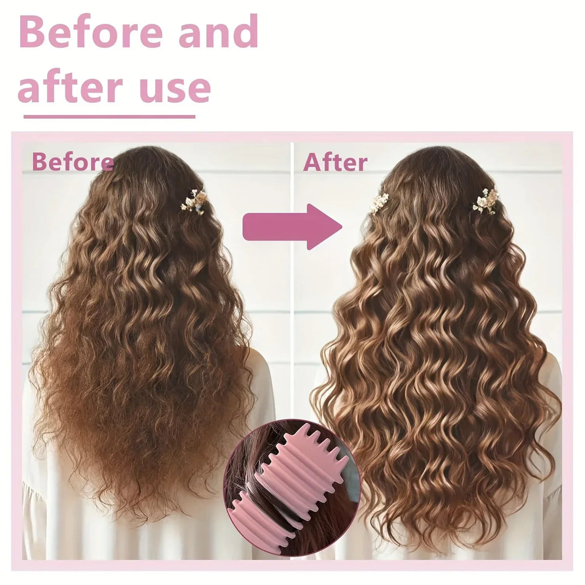 Silcy Skin detangling candy brush pink for curly hair before/after frizzy to defined waves on Tampa Home & Garden Store