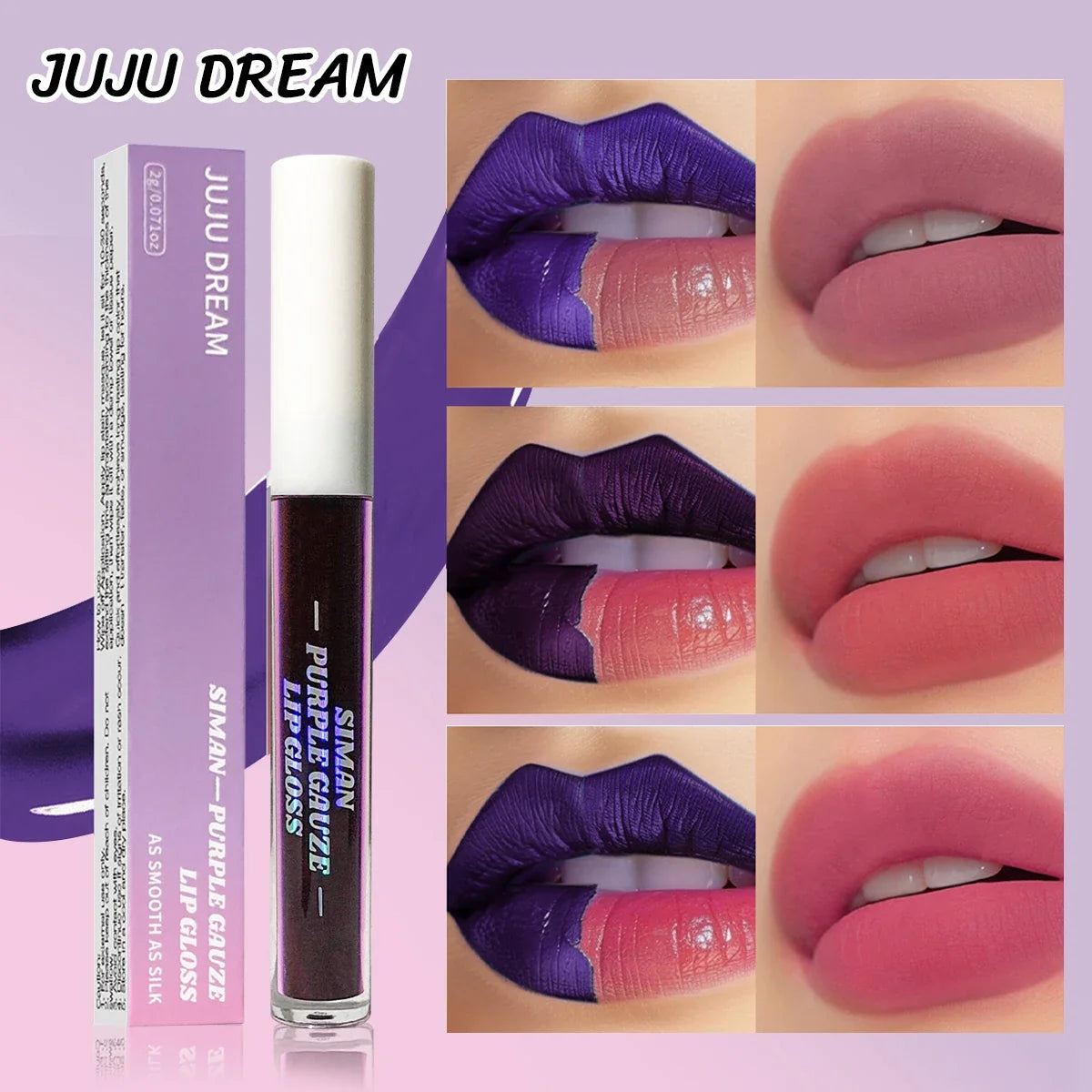JUJU DREAM Peel Off Lip Stain Set by Silcy Skin in 3 colors with purple-pink swatches on box on Tampa Home & Garden Store