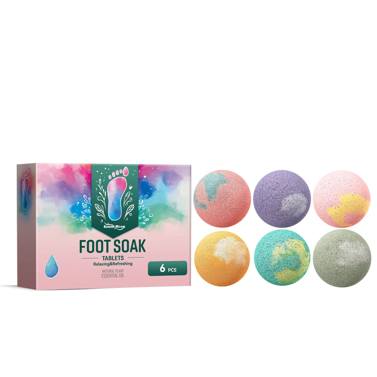 South Moon Foot Soak Tablets by Silcy Skin pastel pink box with 6 colorful bath bombs on Tampa Home & Garden Store