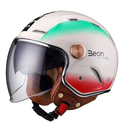 Retro open-face Seon helmet white with green gradient and brown leather lining on Tampa Home & Garden Store