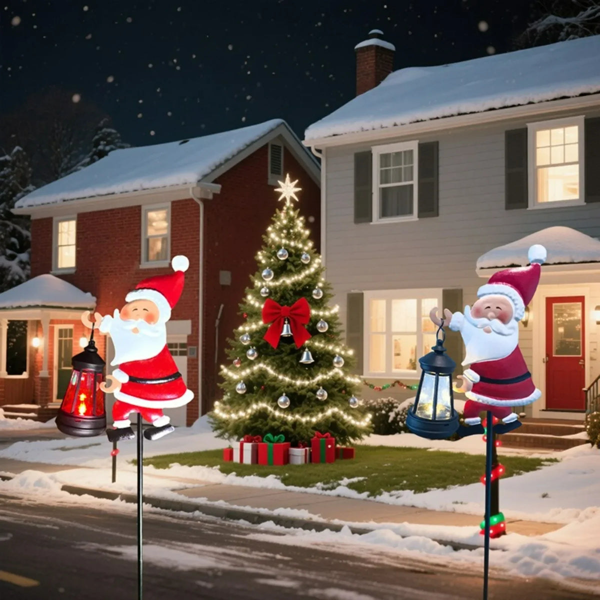 Perfecsy Christmas solar Santa kettle garden lamps with lanterns beside a lit tree on Tampa Home & Garden Store