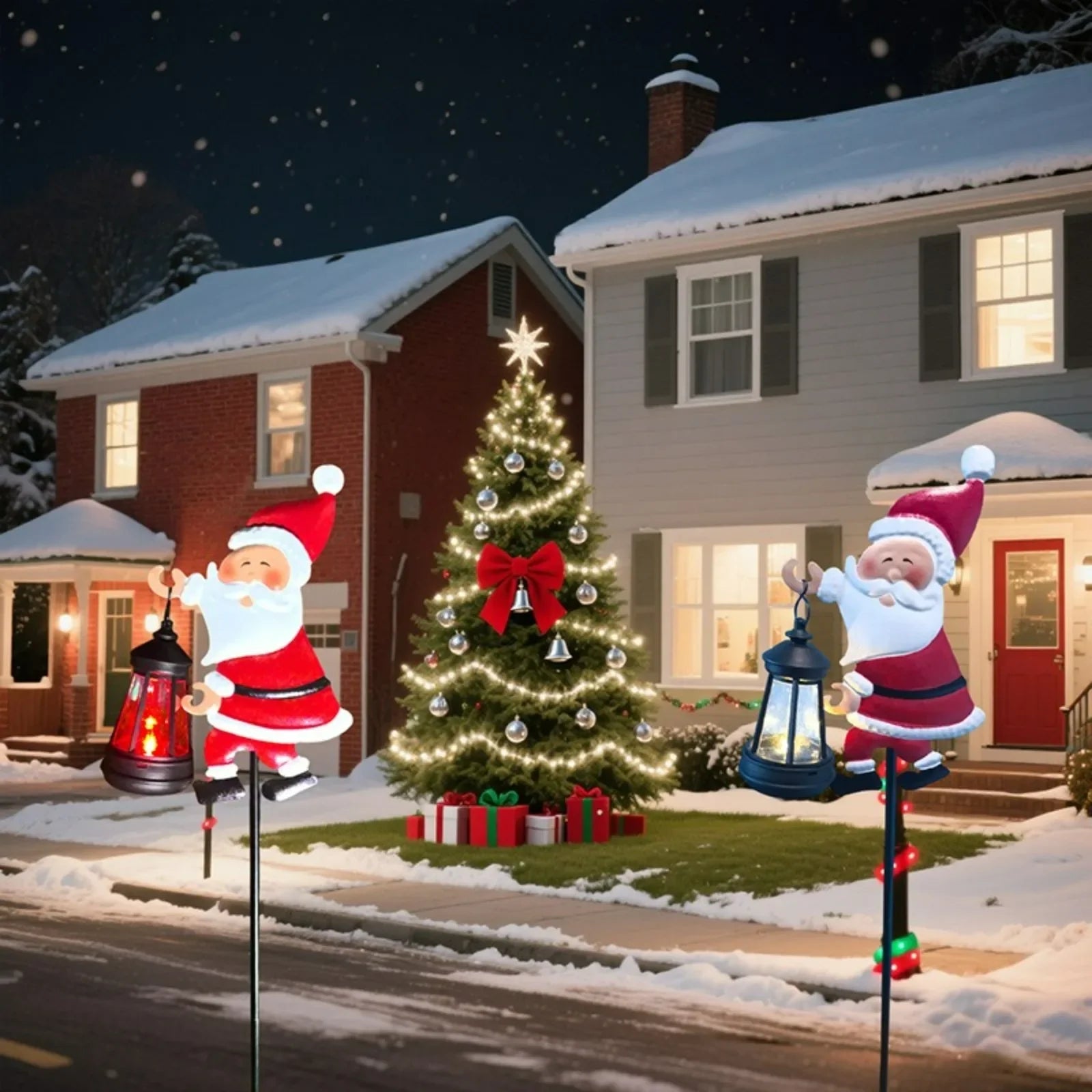 Perfecsy Christmas solar Santa kettle garden lamps with lanterns beside a lit tree on Tampa Home & Garden Store
