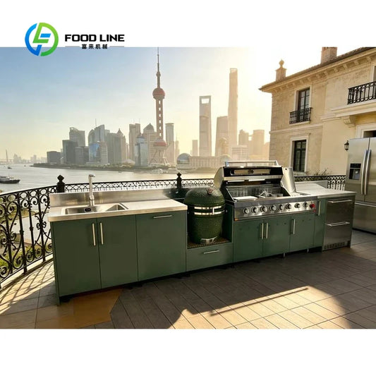 Outdoor kitchen cabinet set by Food Line with green base cabinets, steel grill, sink, and smoker on Tampa Home & Garden Store