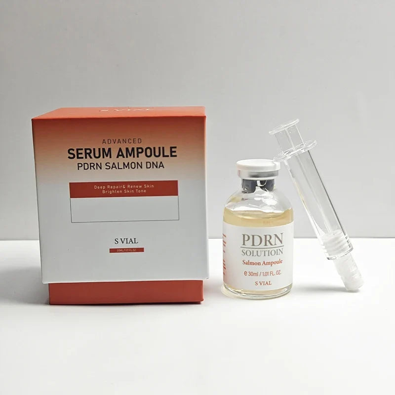 PDRN Salmon DNA serum ampoule with orange gradient box and glass vial with dropper by S VIAL on Tampa Home & Garden Store