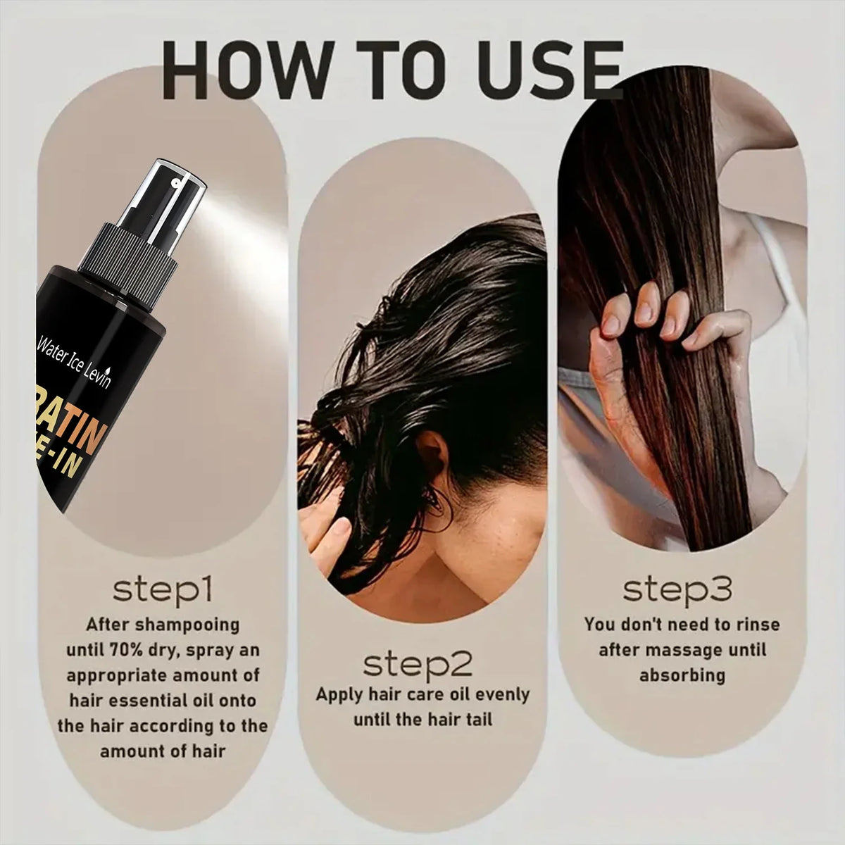Keratin & Biotin Leave-In Spray 100g bottle with silver nozzle beside a three-step hair care infographic Silcy Skin on Tampa Home & Garden Store