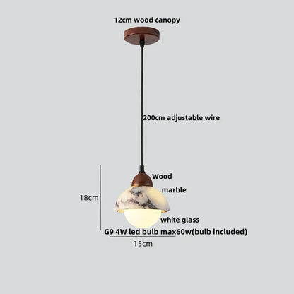 DecorBites LED Pendant Lamp wood canopy marble glass shade adjustable wire on Tampa Home & Garden Store