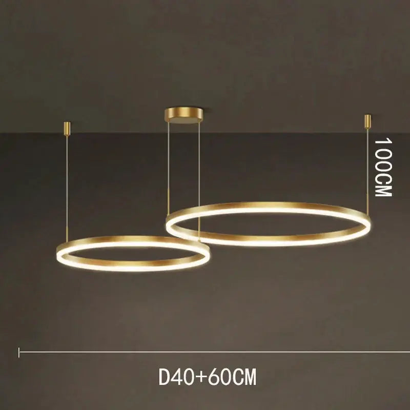 DecorBites LED pendant chandelier duo with gold circular rings, 40cm and 60cm diameters on Tampa Home & Garden Store
