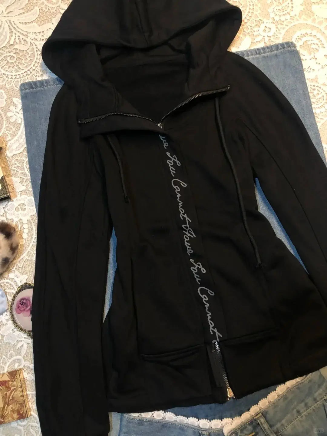 Harajuku hooded zip-up hoodie black with script along zipper UpTrend Deals Y2K jacket on Tampa Home & Garden Store
