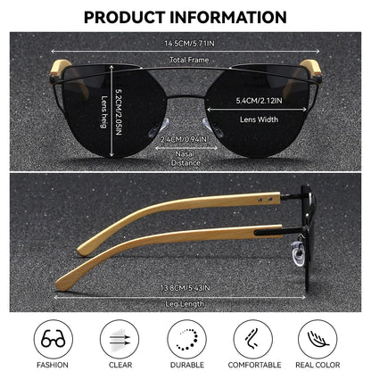 Stevvex BARCUR UV400 polarized cat-eye sunglasses with bamboo temples and mirrored lenses on Tampa Home & Garden Store