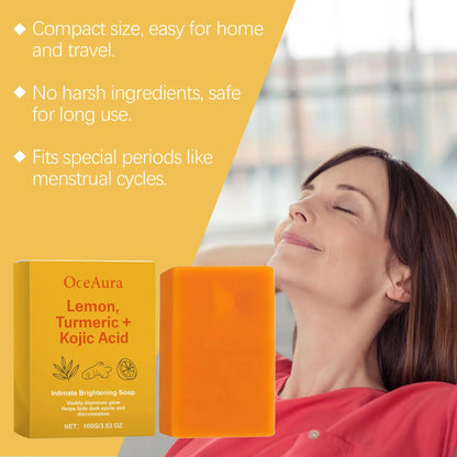 Silcy Skin Lemon Turmeric Kojic Acid Soap in yellow box with orange bar beside a relaxed woman on Tampa Home & Garden Store