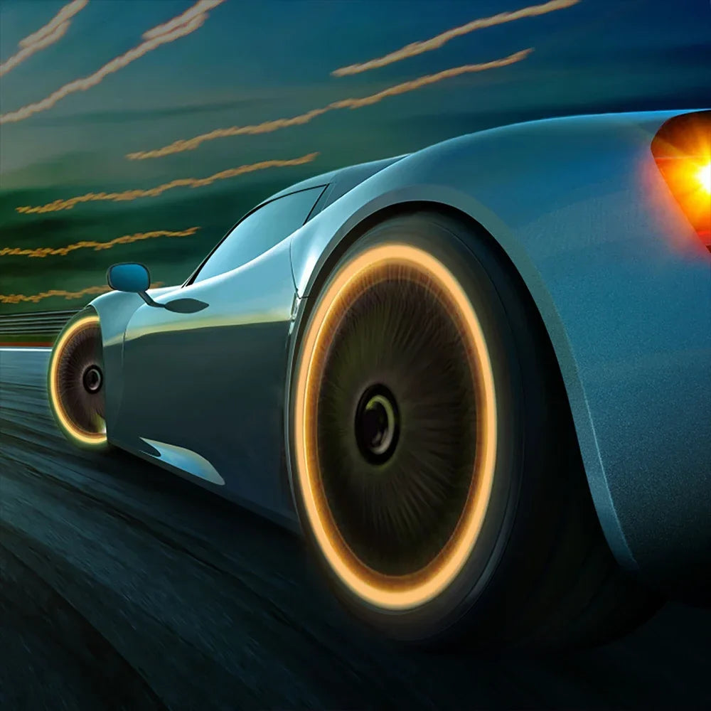 Luminous valve stem caps Dustproof by BikerZoneZ on a blue car wheel with glowing rims on Tampa Home & Garden Store