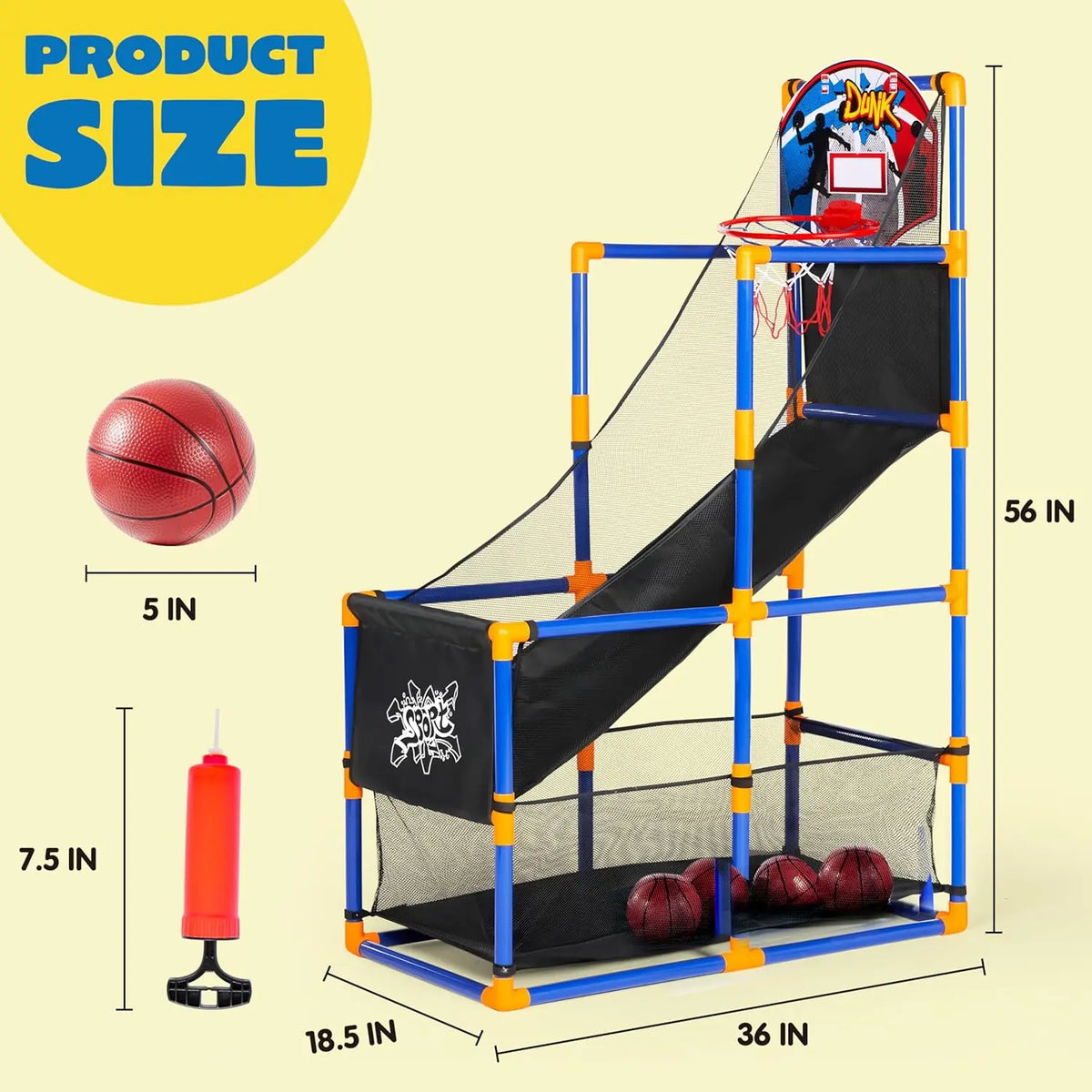 JOYFY Kids Arcade Basketball Game Set with blue frame and hoop and 4 balls for indoor play on Tampa Home & Garden Store