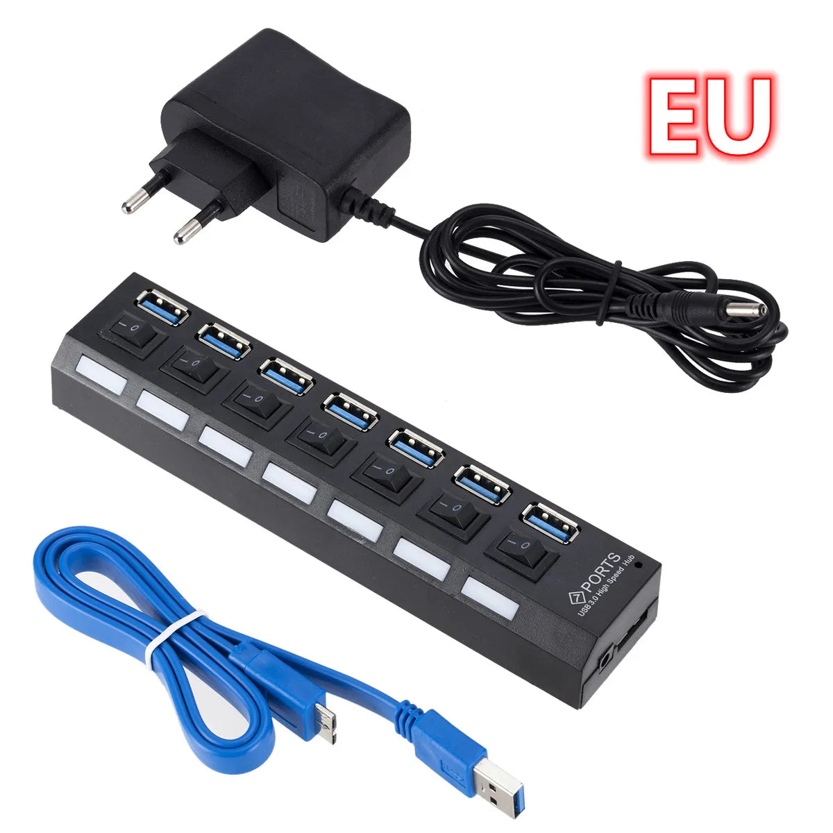 7-Port USB 3.0 hub with EU power adapter and blue USB cable; black multiport hub with blue ports on Tampa Home & Garden Store