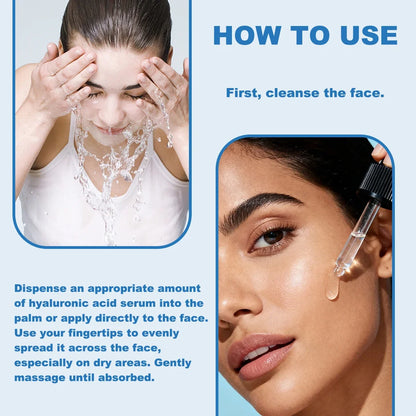 Silcy Skin 3.0% Hyaluronic Acid Serum 1oz infographic: cleanse and apply serum with dropper on Tampa Home & Garden Store