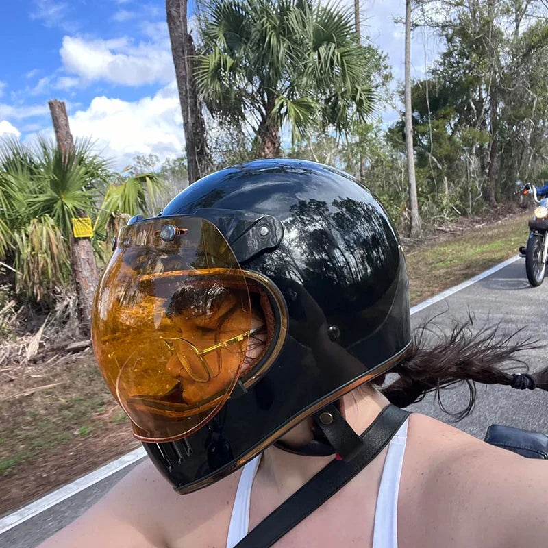Retro Bubble Shield Visor by BikerZoneZ, amber tinted bubble lens on black motorcycle helmet on Tampa Home & Garden Store