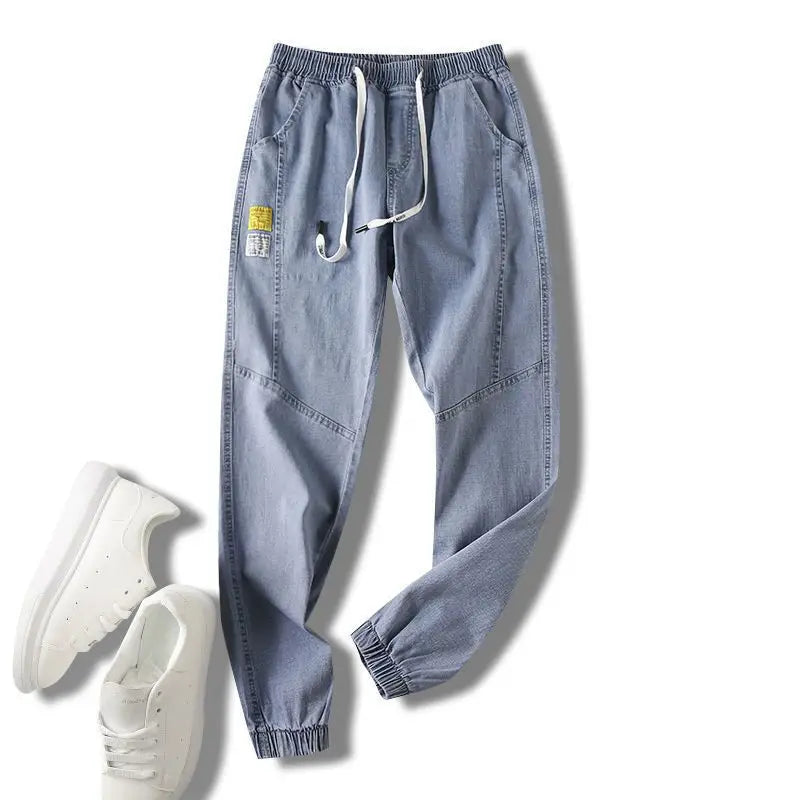 Men wide-leg denim jeans with drawstring waist, light blue baggy streetwear pants patch on Tampa Home & Garden Store