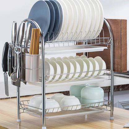 3-Tier Kitchen Drying Rack & Dish Organizer Shelf with Drain Board