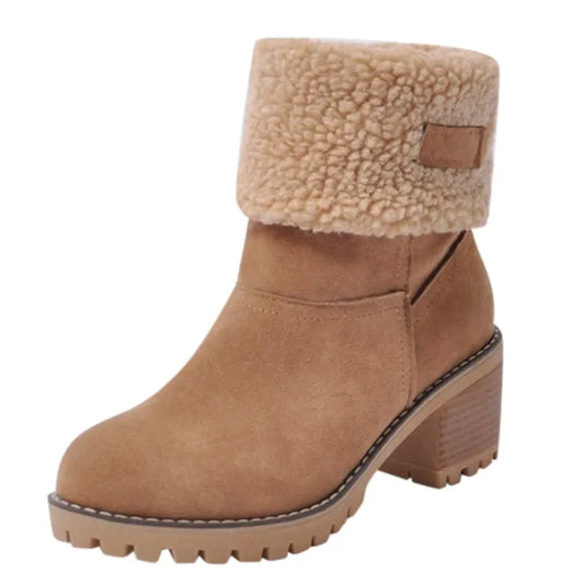 Women's Winter Snow Boots UpTrend Deals tan suede boot with cream shearling cuff and chunky heel on Tampa Home & Garden Store