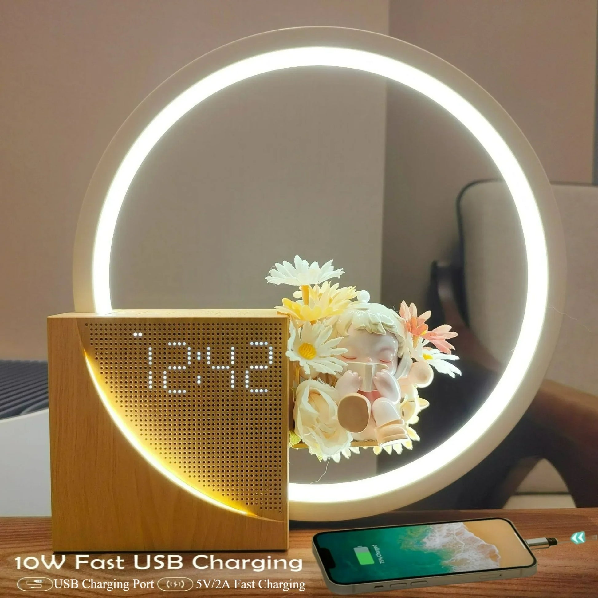 Alarm clock night light ring lamp with USB charging, white-noise, 3-level dimmable touch on Tampa Home & Garden Store