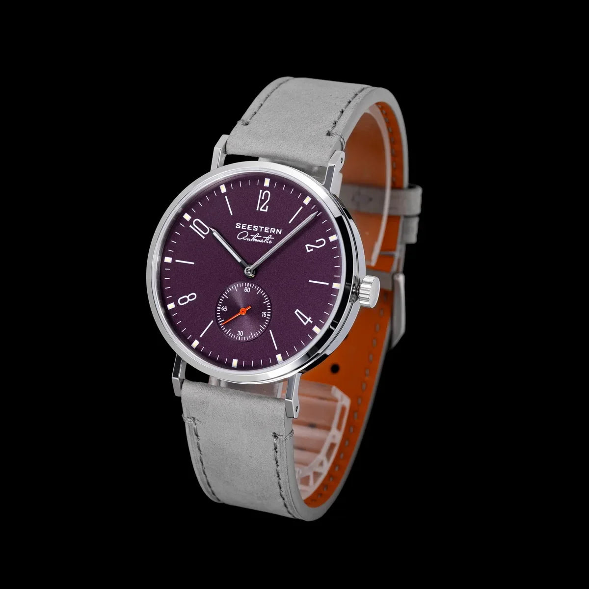 Seestern Ultra-Thin Automatic Dress Watch purple dial stainless steel case gray suede strap on Tampa Home & Garden Store