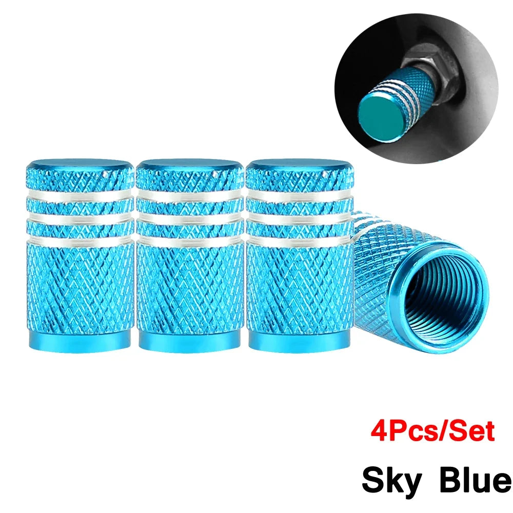 Valve stem caps four-pack, sky blue aluminum with knurled texture for motor vehicle tires on Tampa Home & Garden Store