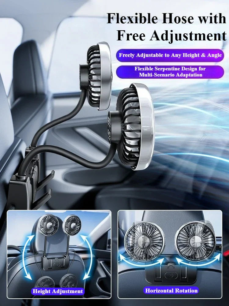 Comfort Breeze | Dual-Head Rear Seat Fan with 360° Rotation & USB-C Charging | Adjustable Airflow for Passenger Comfort
