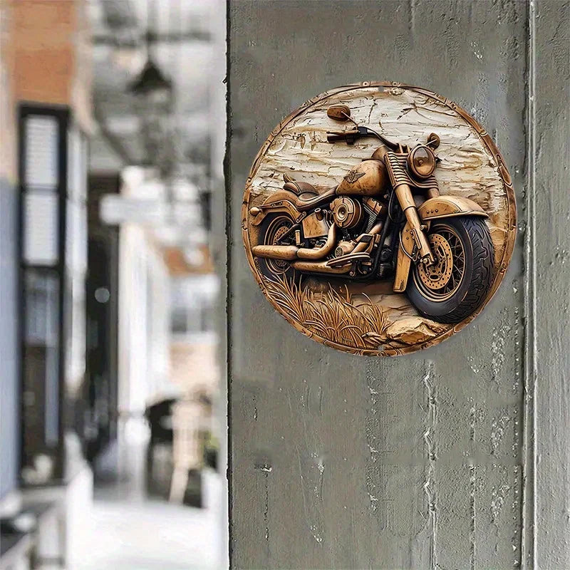 Round faux wooden carved wreath with tan motorcycle relief by BikerZoneZ entrance decor on Tampa Home & Garden Store