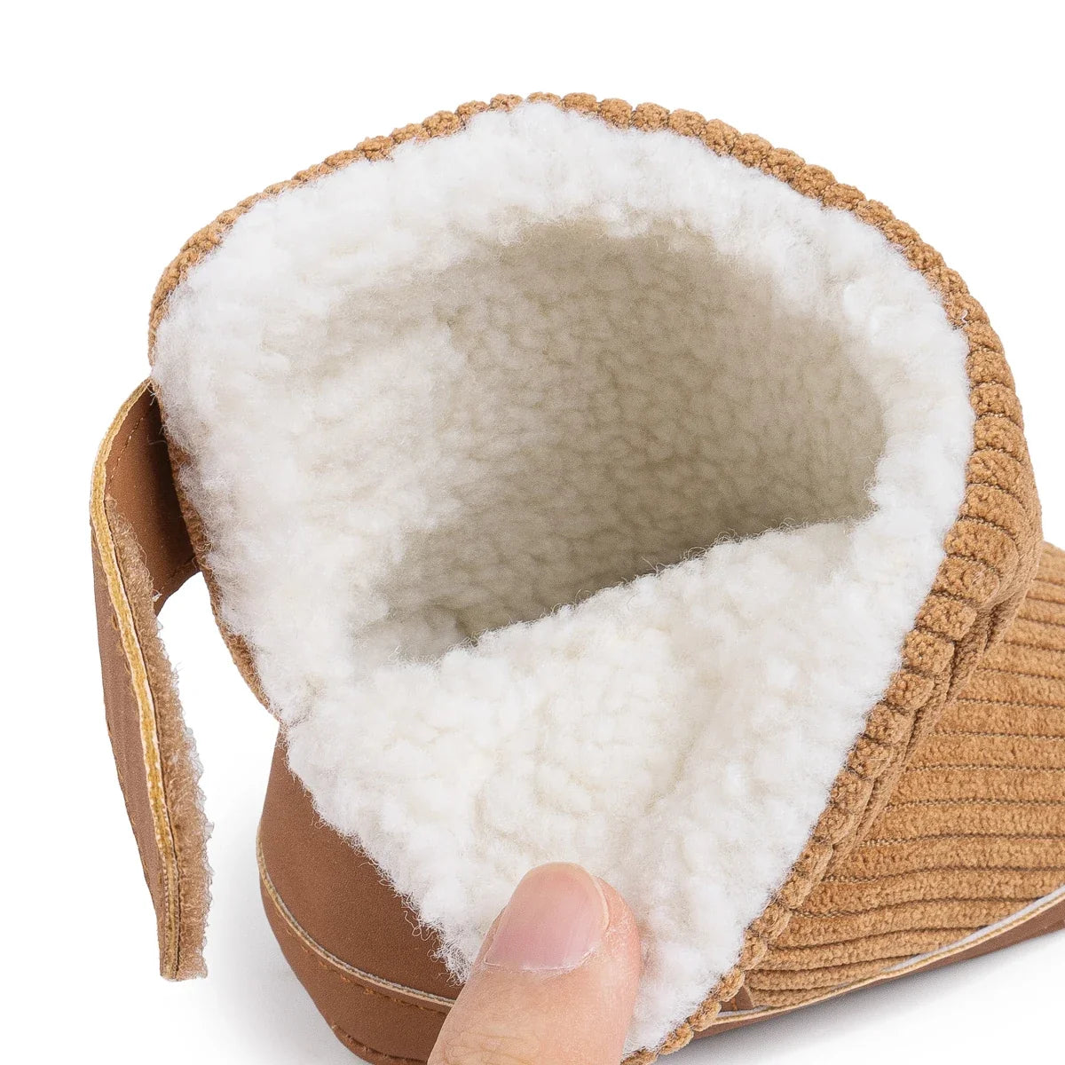 Newborn baby winter boots tan corduroy with plush white lining on Tampa Home & Garden Store