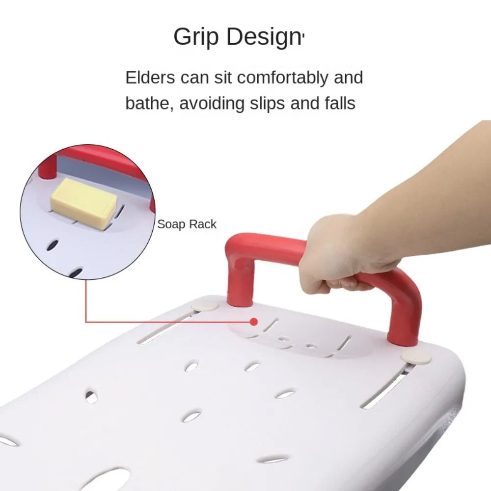 Adjustable bathtub shower board with red handle, white non-slip surface and built-in soap rack on Tampa Home & Garden Store