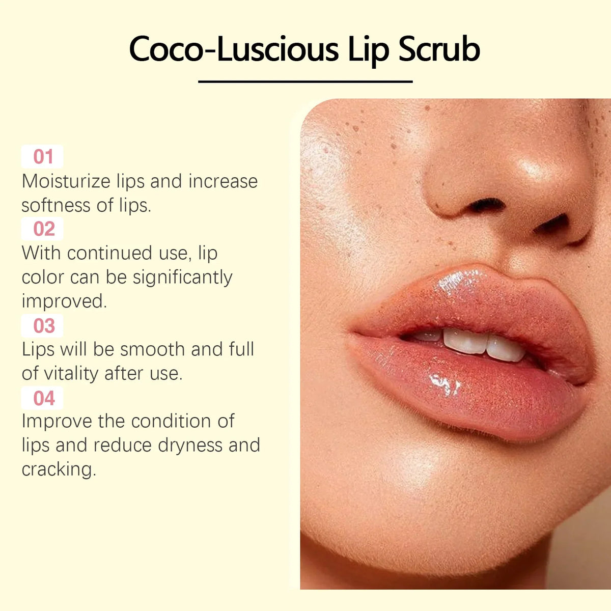 Coco-Luscious Lip Scrub banner with lip close-up and 01–04 steps by Silcy Skin on Tampa Home & Garden Store