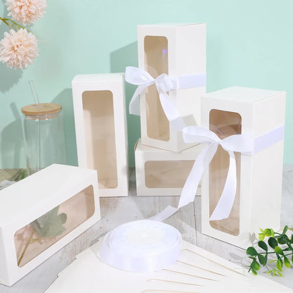 Perfecsy white glass display gift boxes with clear windows and white satin ribbons on Tampa Home & Garden Store