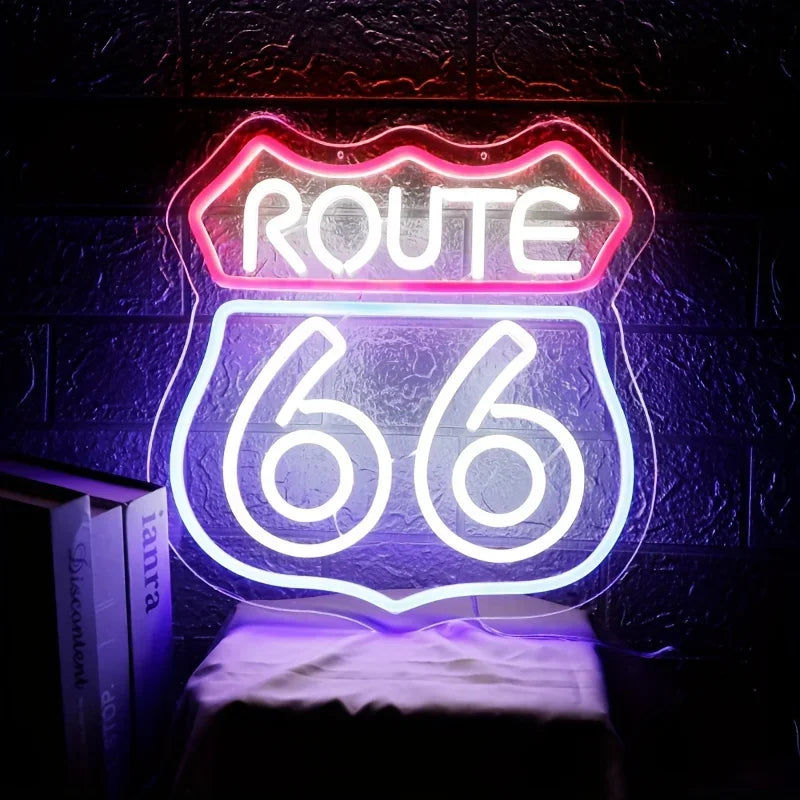 Route 66 neon sign by BikerZoneZ with pink outline and blue shield white 66 on dark wall on Tampa Home & Garden Store