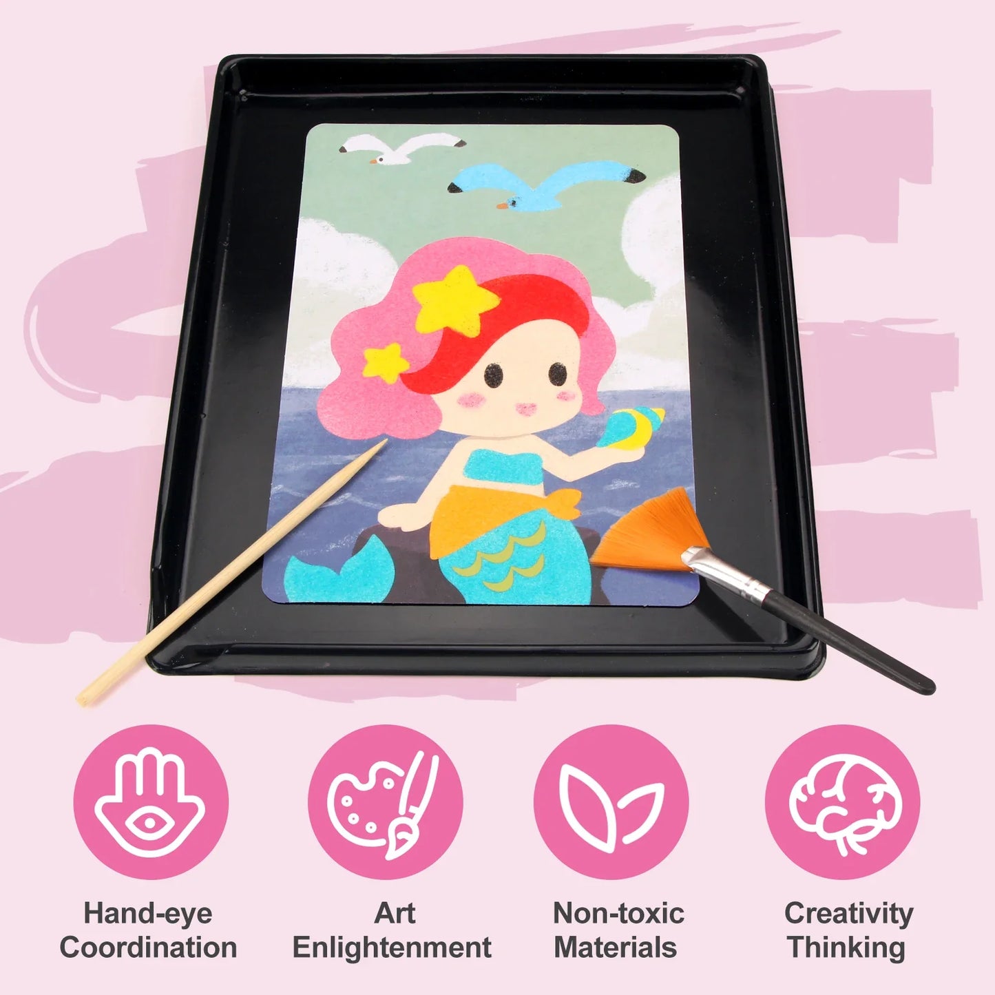 Sand art kit by Perfecsy 14-color princess cards with 2 brushes in a black display tray on Tampa Home & Garden Store