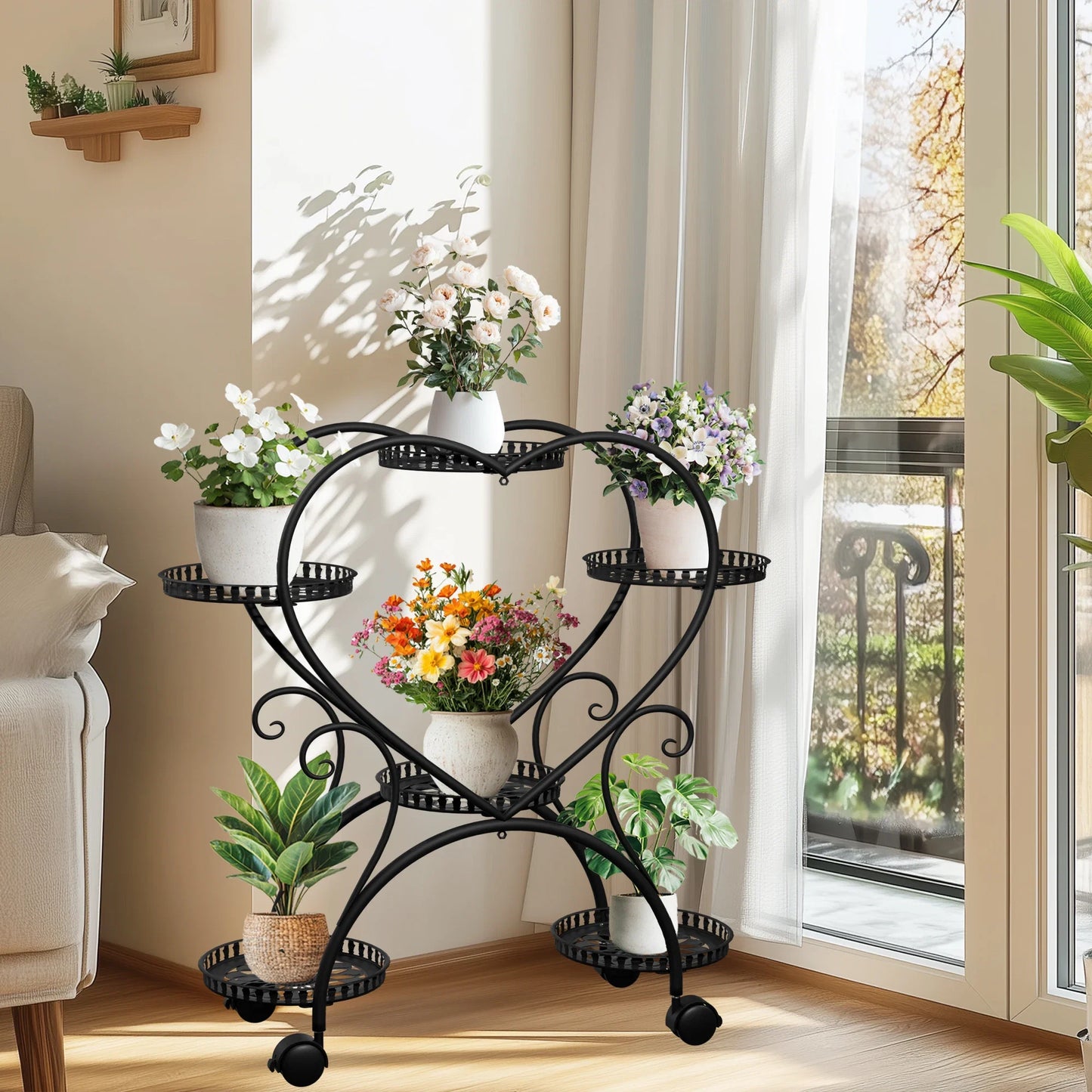 Black Metal Heart 6 Tier Rack For Garden Plants