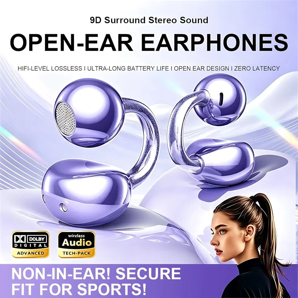 Open-ear wireless earphones purple with curved translucent stems and 9D surround sound on Tampa Home & Garden Store