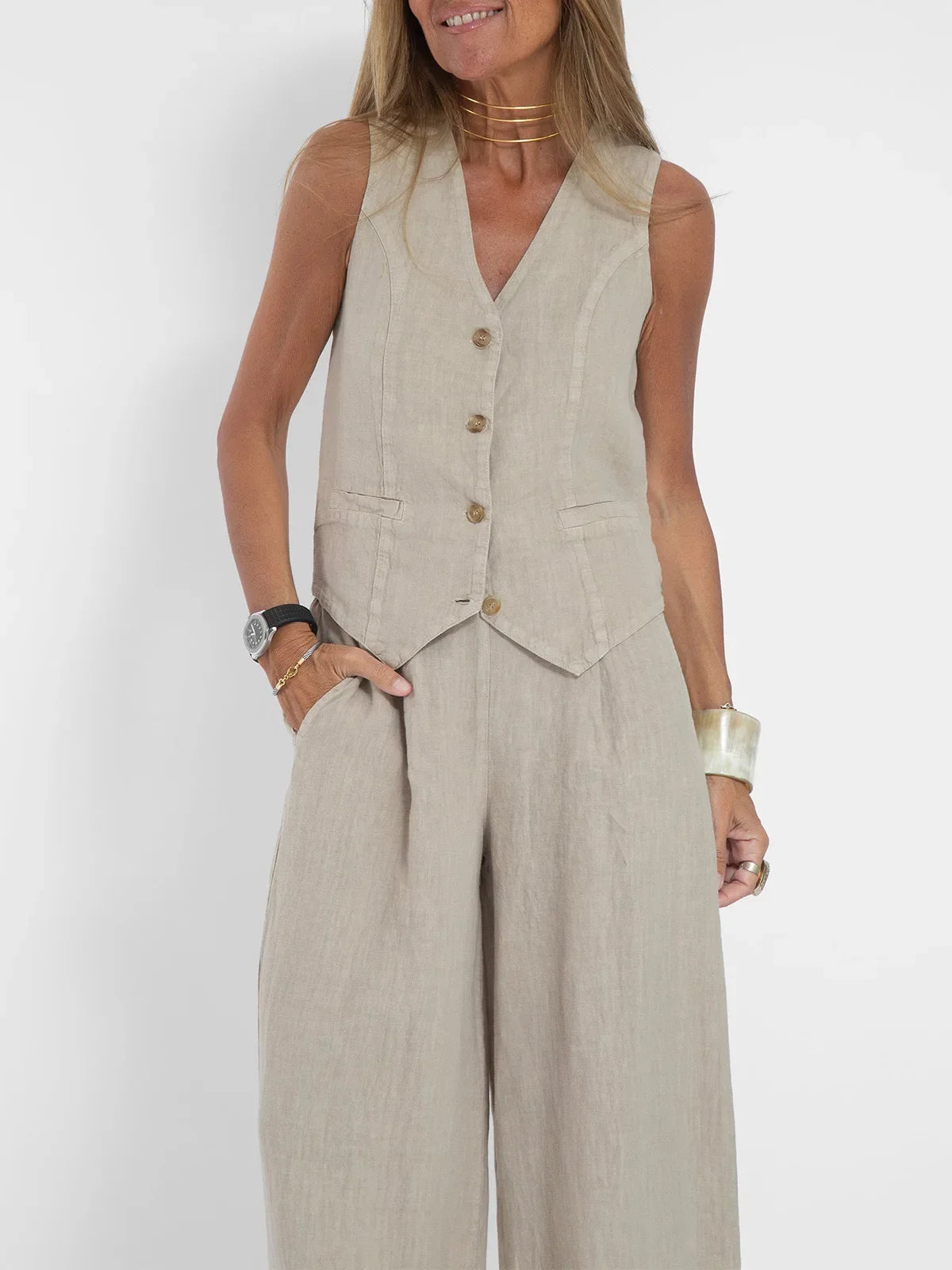 Women's sleeveless vest and pants set beige, button vest, wide-leg pants, UpTrend Deals on Tampa Home & Garden Store