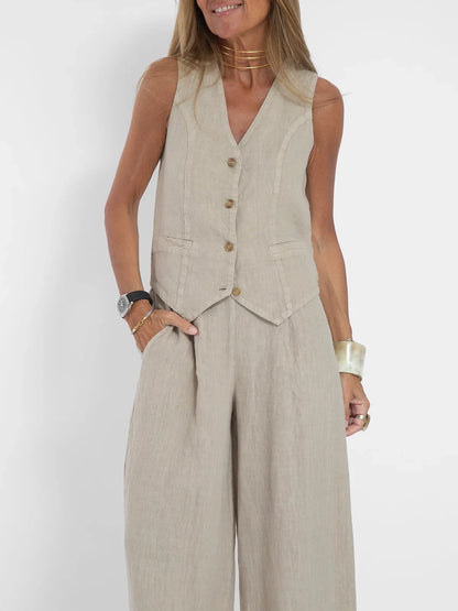 Women's sleeveless vest and pants set beige, button vest, wide-leg pants, UpTrend Deals on Tampa Home & Garden Store