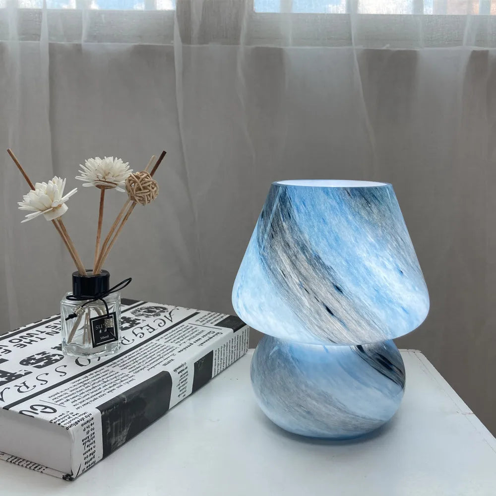 Glass mushroom table lamp by Perfecsy in blue marble finish, bedroom bedside decor on Tampa Home & Garden Store