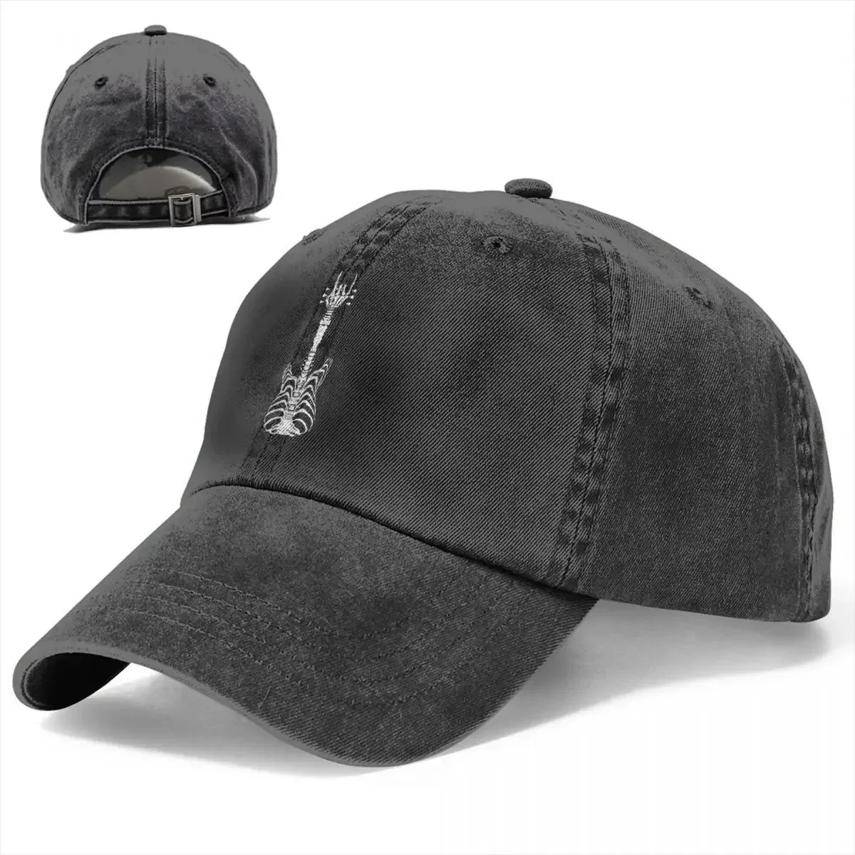 Rock & Roll Skeleton Cap by BikerZoneZ, black distressed cap with skeleton guitar graphic on Tampa Home & Garden Store