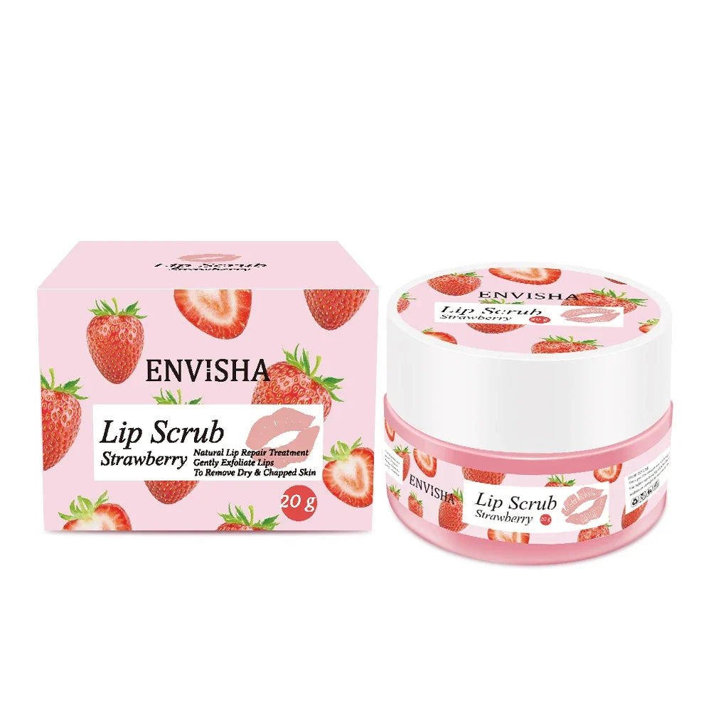 ENVISHA Lip Scrub Strawberry jar with pink packaging and strawberry print 20 g on Tampa Home & Garden Store