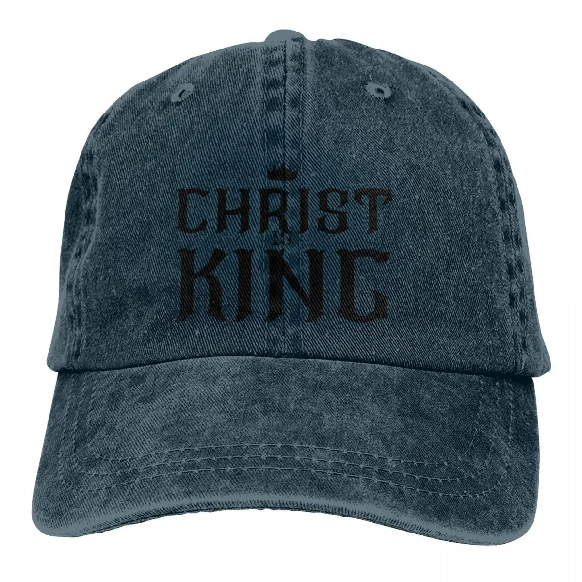 King Caps denim-washed blue baseball cap with black CHRIST KING embroidery by BikerZoneZ on Tampa Home & Garden Store