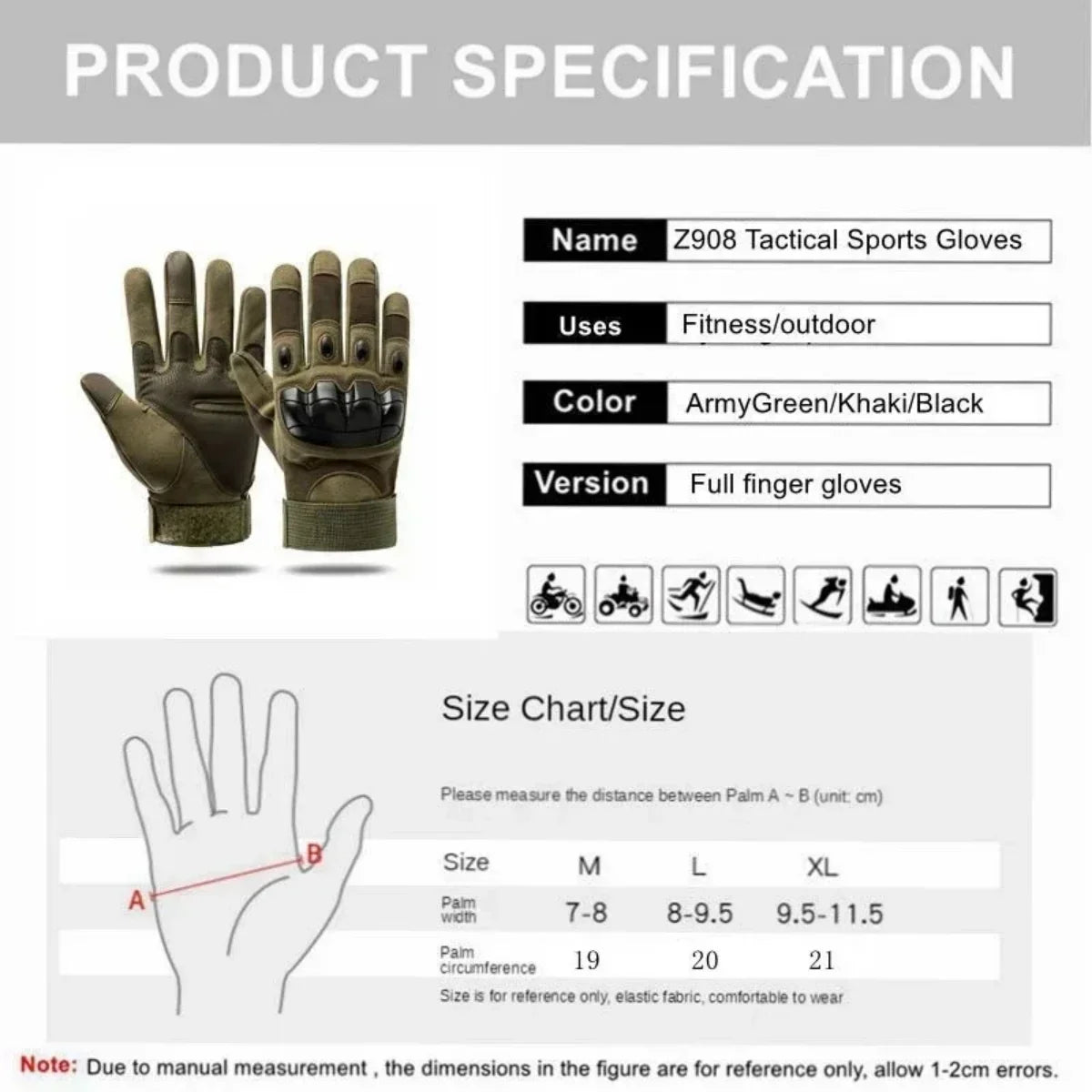 BikerZoneZ Z908 Tactical Sports Gloves pair, motorcycle gloves ArmyGreen/Khaki/Black on Tampa Home & Garden Store